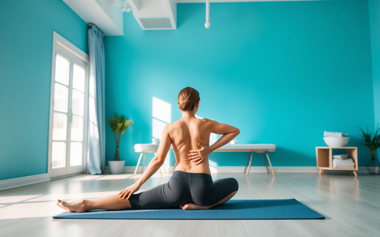 Woman doing a gentle lower back stretch on a yoga mat in a bright physiotherapy clinic