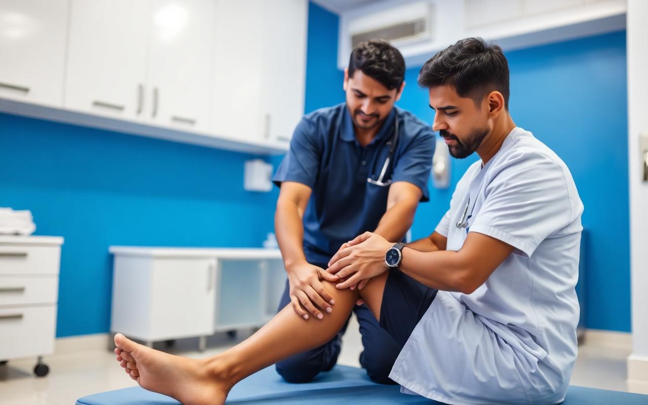 Indian physiotherapist examining a patient's knee in a modern clinic in Ahmedabad