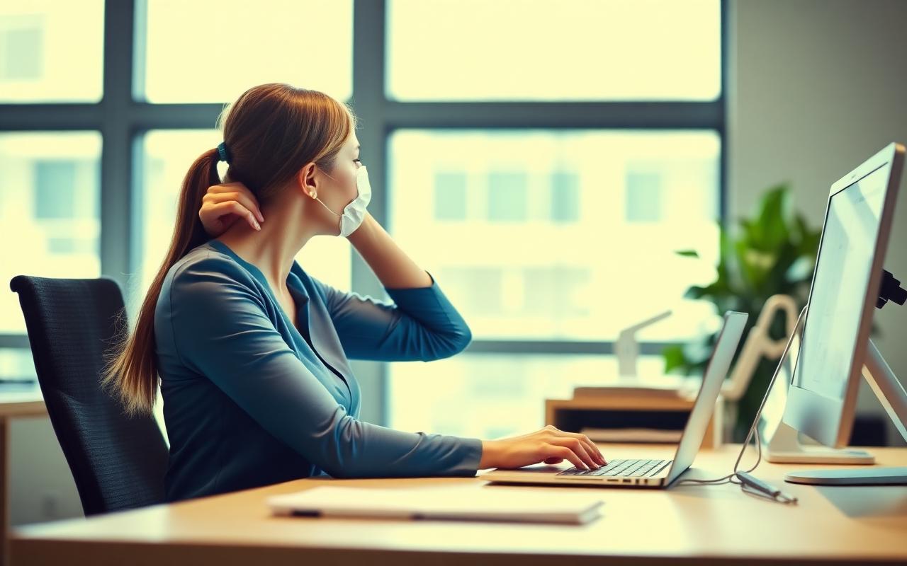 Woman at a laptop desk holding her neck in discomfort due to poor posture
