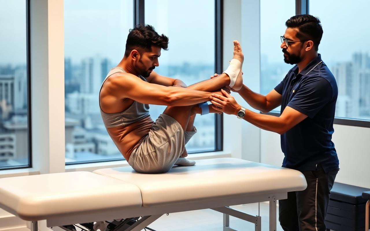 Indian sports physiotherapist treating an athlete's ankle injury on a treatment bench in Ahmedabad