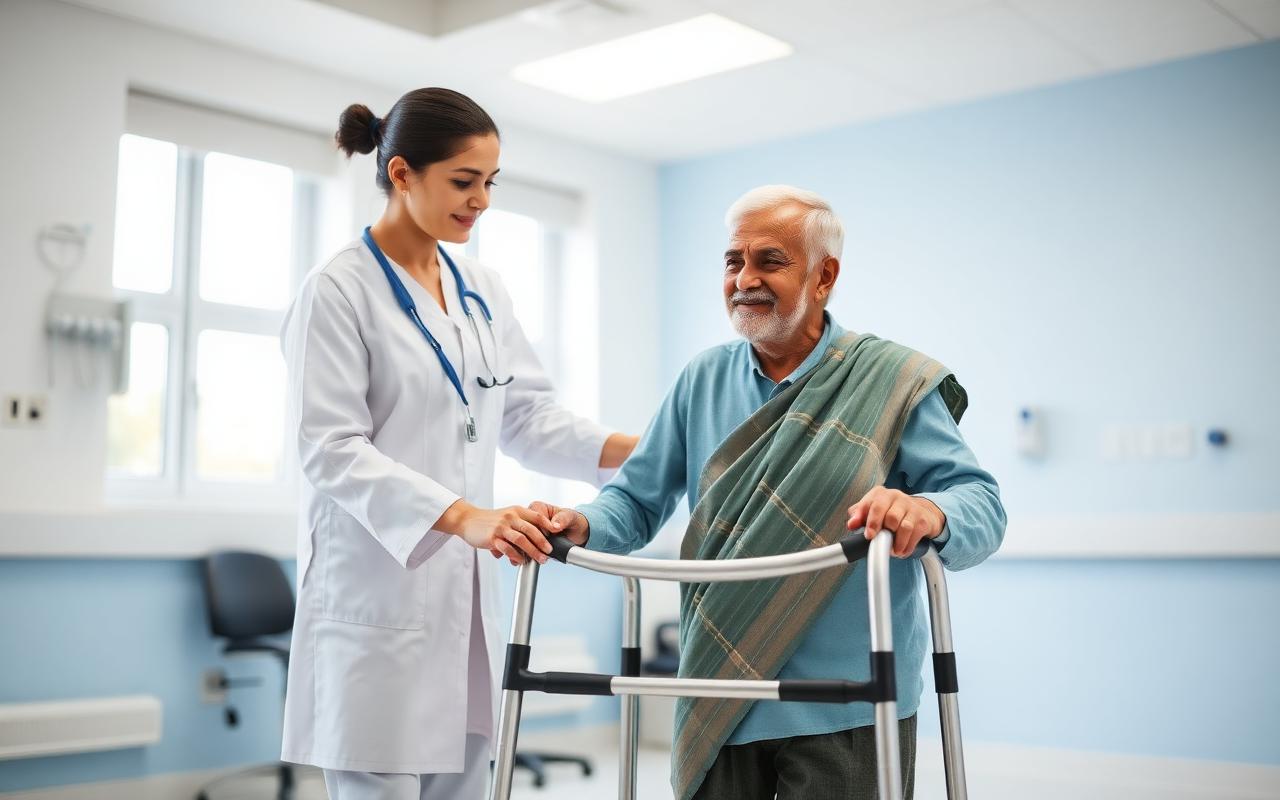 Female physiotherapist assisting an elderly Indian man with walker rehabilitation in a bright clinic